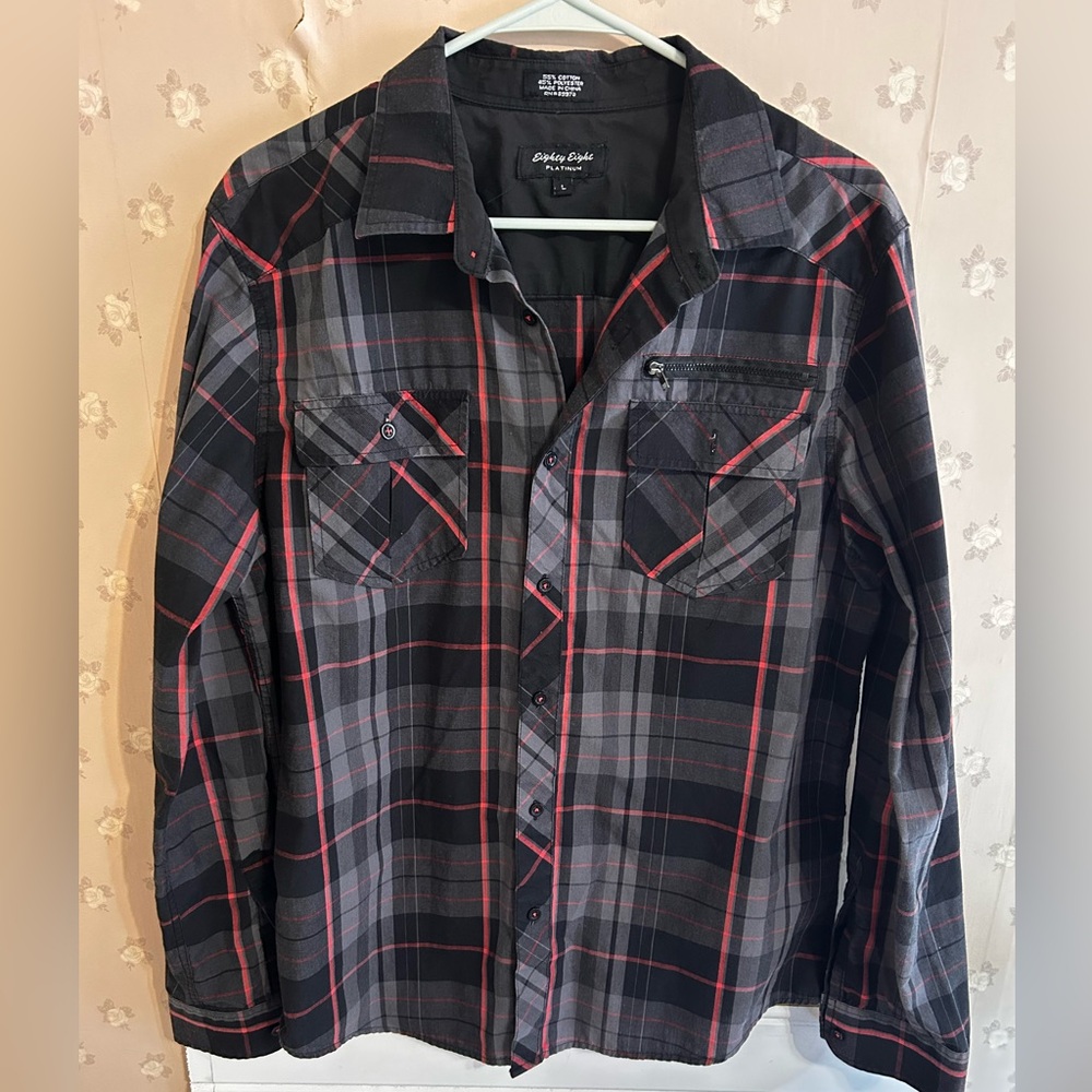 Eighty Eight Black Plaid Button-Up Shirt with Red Accents